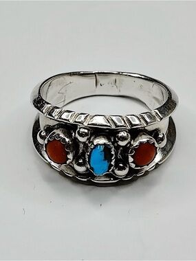 Vintage Zuni Milton Lasiloo Sterling turquoise coral ring sz 8.5